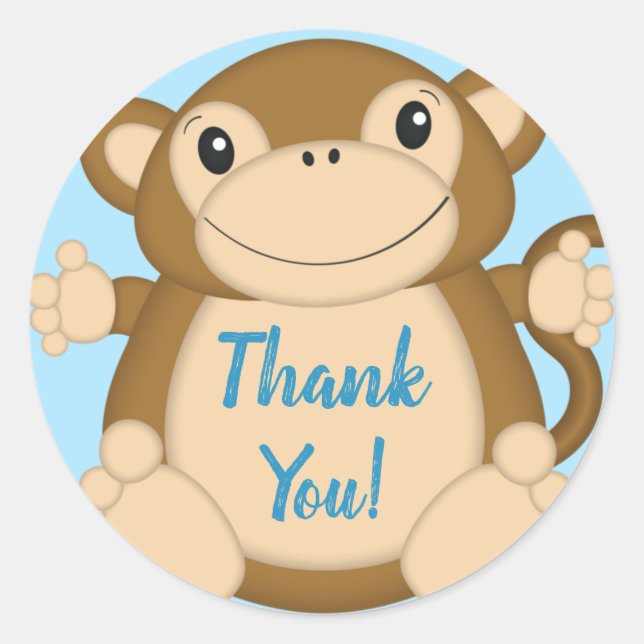 Pegatina Redonda Monkey Baby Shower Blue (Anverso)