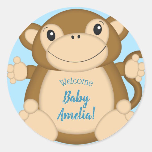 Pegatina Redonda Monkey Baby Shower Blue (Anverso)