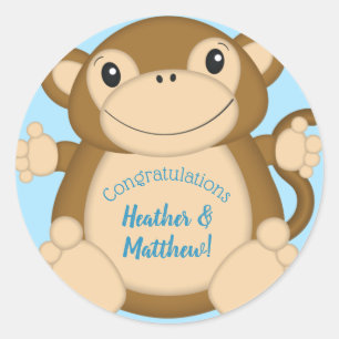 Pegatina Redonda Monkey Baby Shower Blue