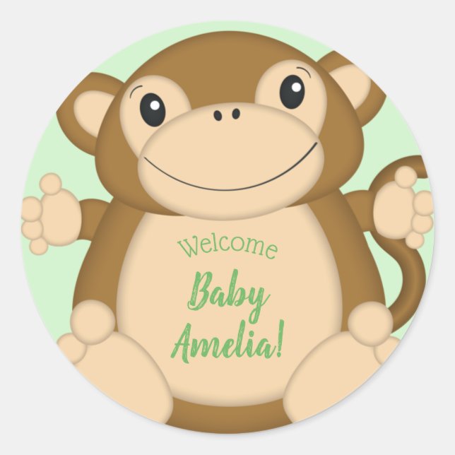 Pegatina Redonda Monkey Baby Shower Jungle (Anverso)