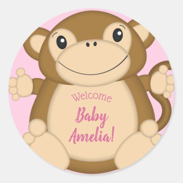 Pegatina Redonda Monkey Baby Shower Pink (Anverso)