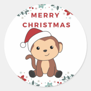 Pegatina Redonda Monkey Christmas Snow Winter Animals Monkeys Class