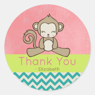 Pegatina Redonda Monkey Cute Kawaii Feliz Gracias