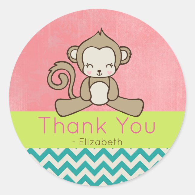 Pegatina Redonda Monkey Cute Kawaii Feliz Gracias (Anverso)