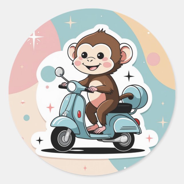 Pegatina Redonda Monkey driving a scooter (Anverso)