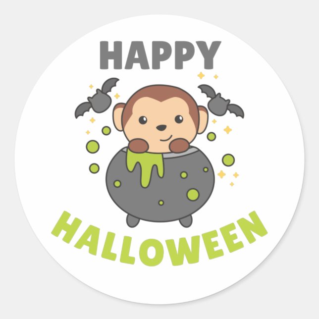 Pegatina Redonda Monkey Happy Halloween Cauldron Bat Classic Round (Anverso)