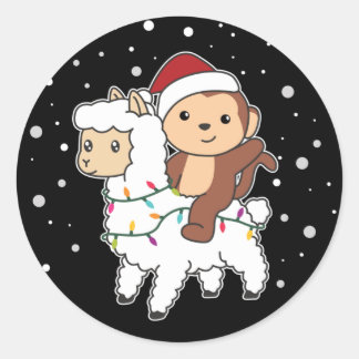 Pegatina Redonda Monkey Lama Navidades Nieve Animales De Invierno C