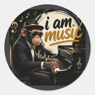 Pegatina Redonda Monkey Playing Piano Music Poster – I Am Music