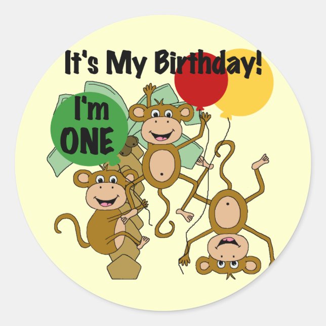 Pegatina Redonda Monkey Shine Primera camiseta de cumpleaños y rega (Anverso)