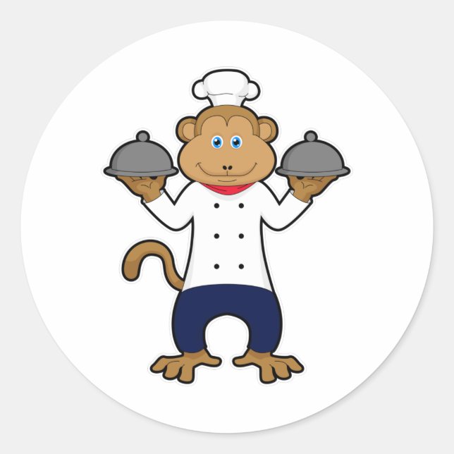 Pegatina Redonda Mono como Cocinero con placas de servicio (Anverso)