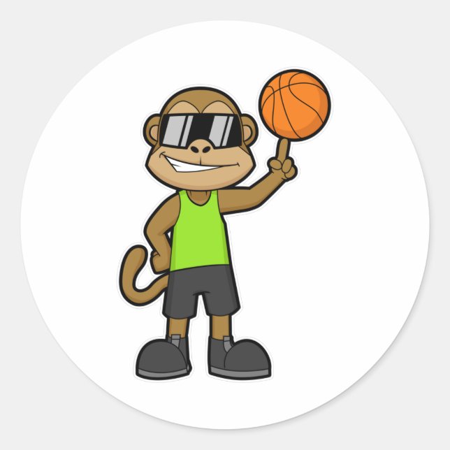 Pegatina Redonda Mono como jugador de baloncesto con baloncesto (Anverso)
