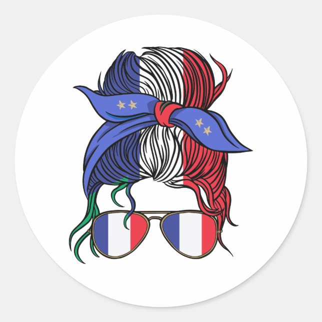 Pegatina Redonda Mono desordenado de Francia con bandera francesa (Anverso)