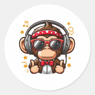 Pegatina Redonda Mono DJ Lindo con Auriculares para Niños