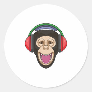 Pegatina Redonda Mono en la música con auriculares