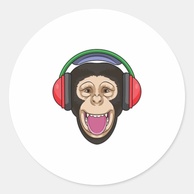Pegatina Redonda Mono en la música con auriculares (Anverso)