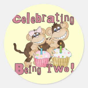 Pegatina Redonda Mono Fiesta Rosado 2.ª camisetas y regalos de cump