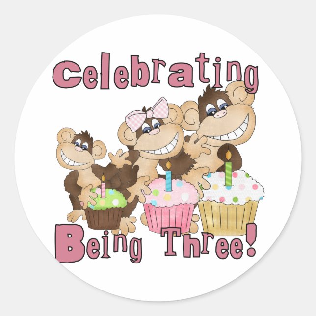 Pegatina Redonda Mono Fiesta Rosado 3 camisetas de cumpleaños y reg (Anverso)