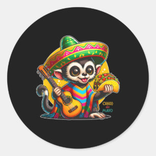 Pegatina Redonda Mono Mexicano Con Sombrero Y Poncho Cinco
