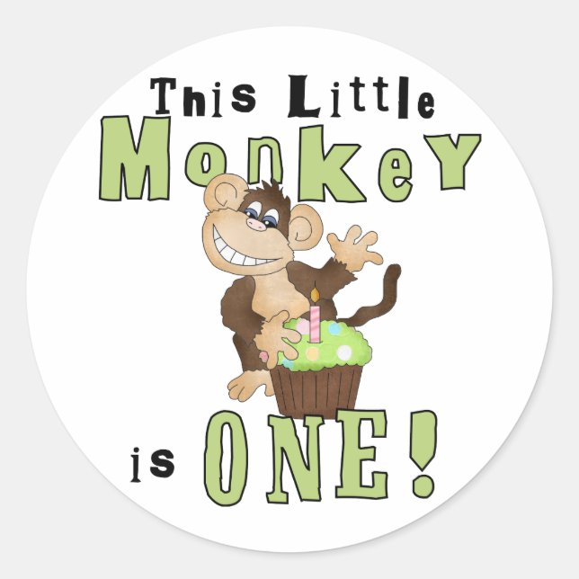 Pegatina Redonda Mono verde Fiesta Primer cumpleaños camisetas y re (Anverso)