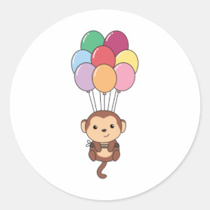 Pegatina Redonda Mono vuela Con Globos Coloridos