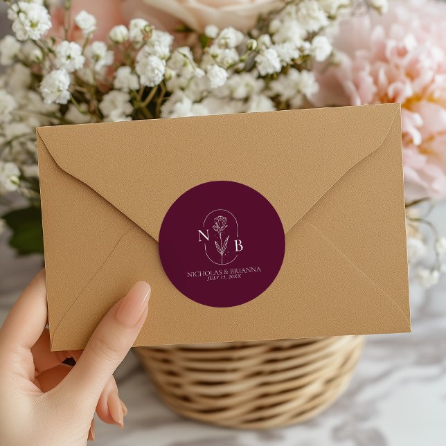 Pegatina Redonda Monogram Burgundy Minimalist Modern Wedding (Subido por el creador)
