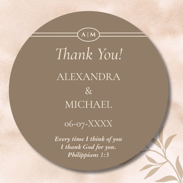 Pegatina Redonda Monogram Cream Brown Christian Wedding Thank You (Subido por el creador)