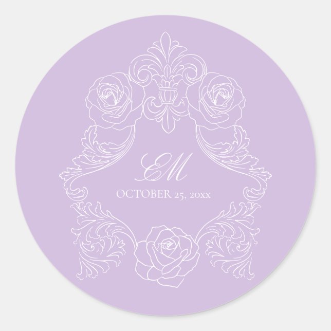Pegatina Redonda Monogram Crest Ornament Purple Violet Wedding (Anverso)