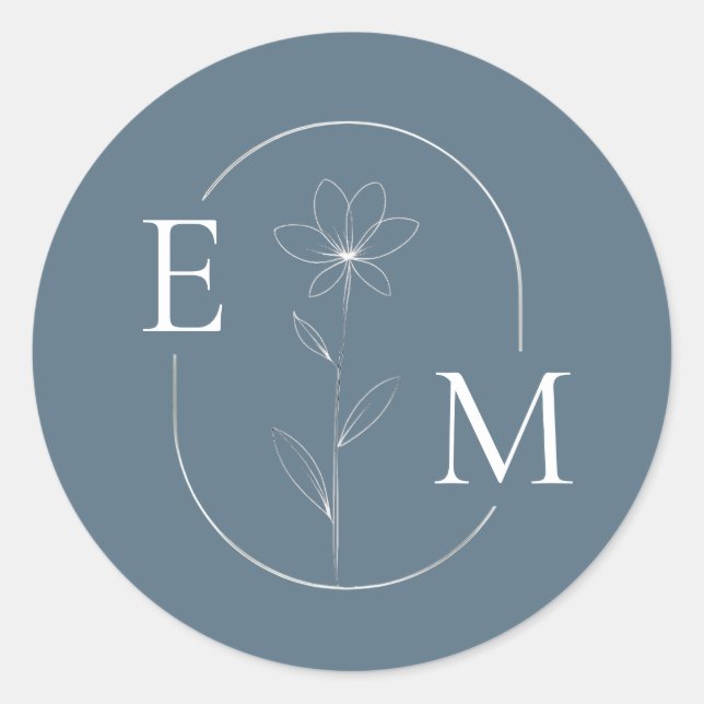 Pegatina Redonda Monogram Floral Minimalistic Wedding Sticker (Anverso)
