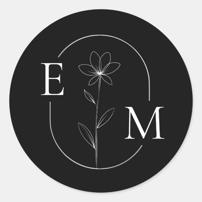 Pegatina Redonda Monogram Floral Minimalistic Wedding Sticker (Anverso)