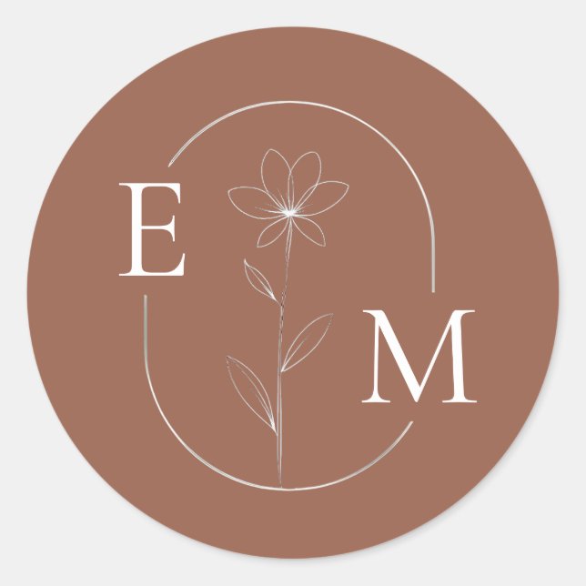 Pegatina Redonda Monogram Floral Minimalistic Wedding Sticker (Anverso)