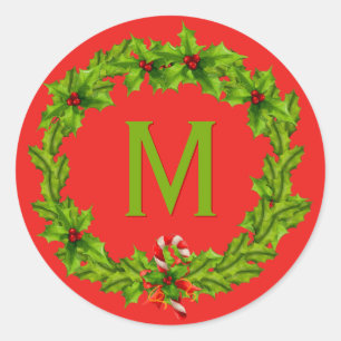 Pegatina Redonda Monogram Holly Berry Wreath
