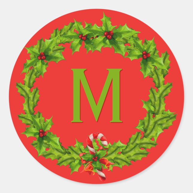 Pegatina Redonda Monogram Holly Berry Wreath (Anverso)