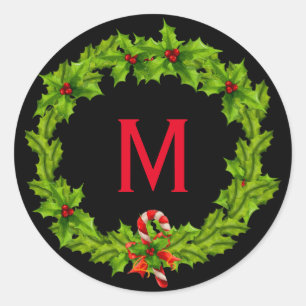 Pegatina Redonda Monogram Holly Berry Wreath