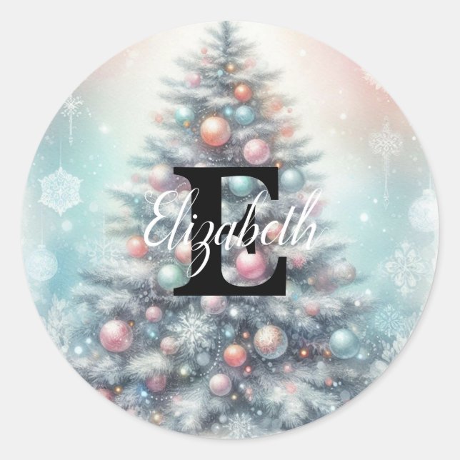 Pegatina Redonda Monogram name Christmas tree floral watercolor (Anverso)