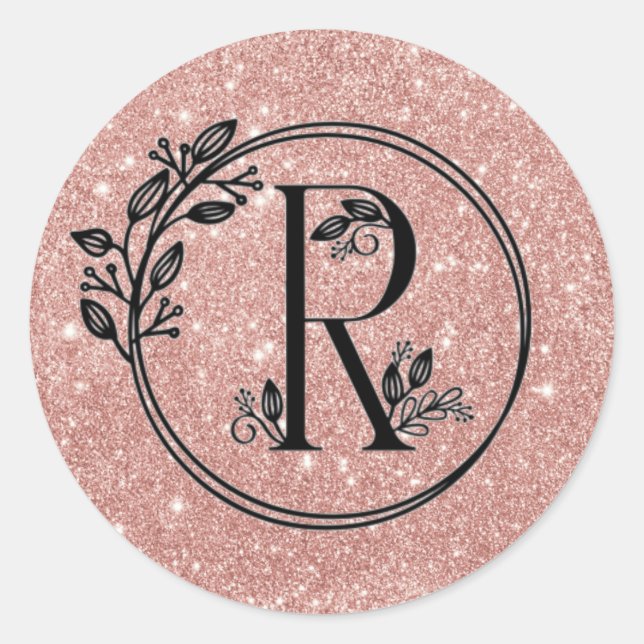 Pegatina Redonda Monogram R Rose Gold Blush Pink Glitter Floral (Anverso)