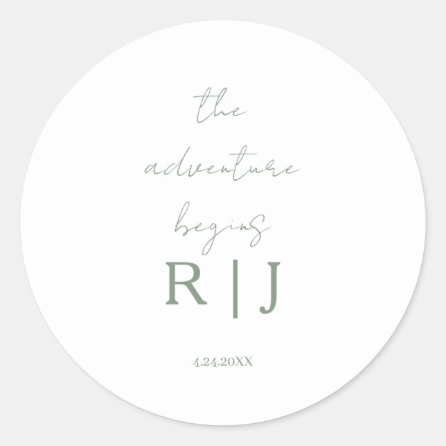 Pegatina Redonda Monogram Sage Green Quote Adventure Begins Wedding (Anverso)