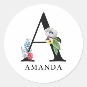Pegatina Redonda Monograma A de alfabeto floral personalizado