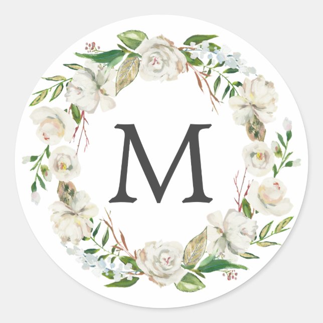 Pegatina Redonda Monograma Acuarela Antiguo Floral Blanco (Anverso)
