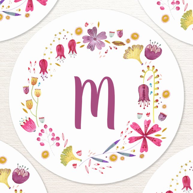 Pegatina Redonda Monograma acuarela floral (Personalized monogram initials watercolor wildflower wreath sticker)