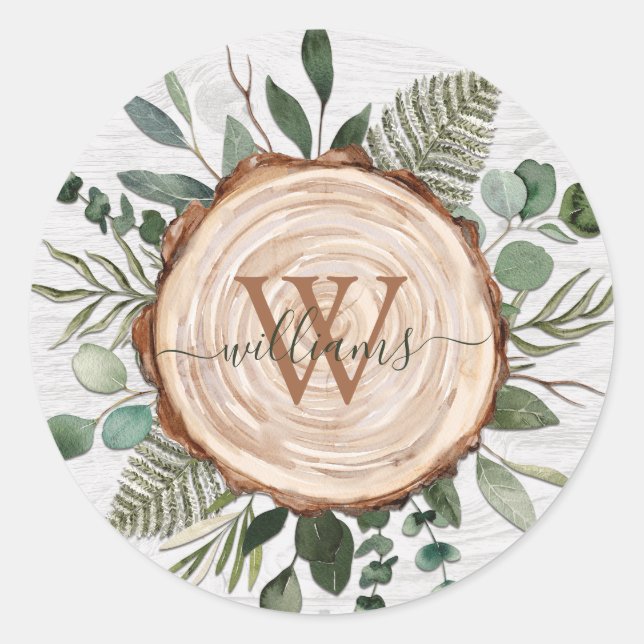 Pegatina Redonda Monograma acuarela rebanada de madera rústica y fo (Anverso)