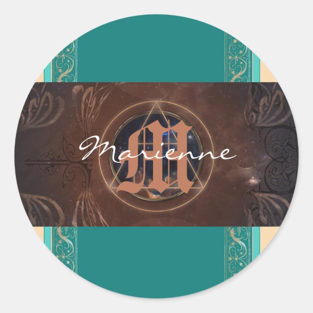 Pegatina Redonda Monograma alquémico barroco elegante medieval (Anverso)