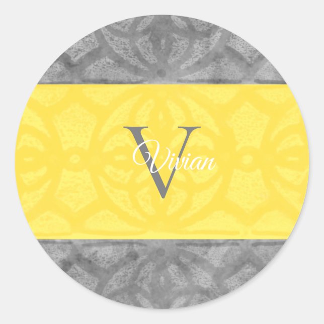 Pegatina Redonda Monograma amarillo brillante e iluminante (Anverso)