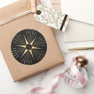 Pegatina Redonda Monograma Art Deco Estrella Negro y Oro