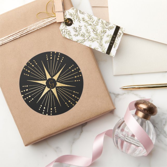 Pegatina Redonda Monograma Art Deco Estrella Negro y Oro (Regalar)