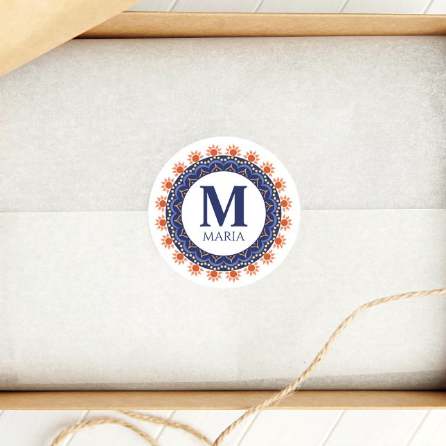 Pegatina Redonda Monograma azul de la marina Mandala Personalizado (Navy blue mandala sticker)