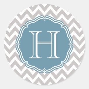Pegatina Redonda Monograma azul en elegante chevrón gris