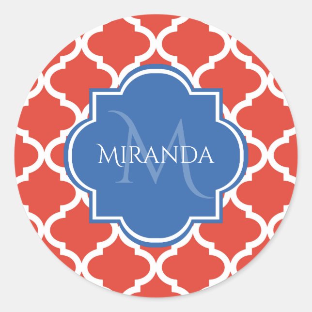 Pegatina Redonda Monograma azul trendy y quatrefoil rojo (Anverso)