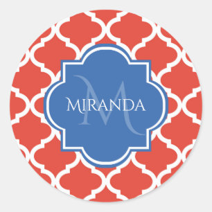 Pegatina Redonda Monograma azul trendy y quatrefoil rojo