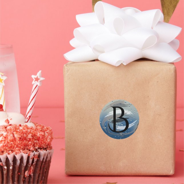 Pegatina Redonda Monograma B de pinceles negros, blancos y grises (Fiesta)