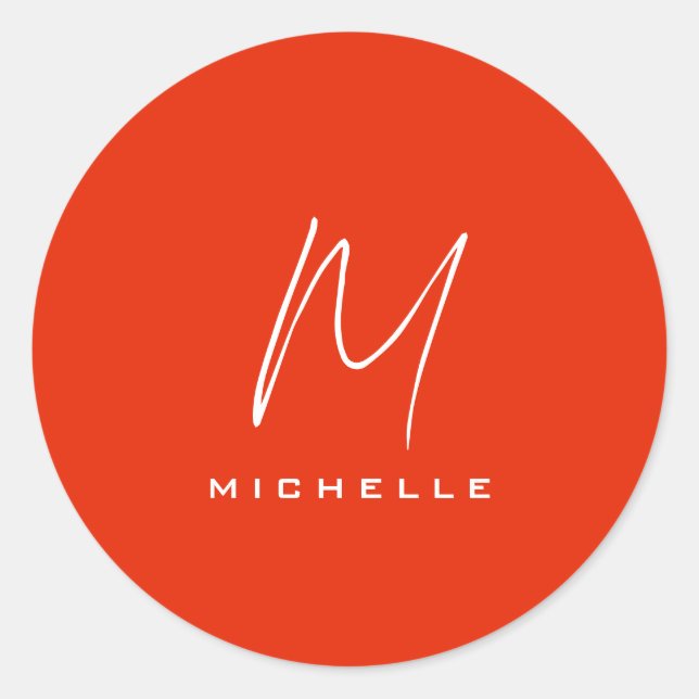 Pegatina Redonda Monograma blanco rojo elegante caligrafía su nombr (Anverso)